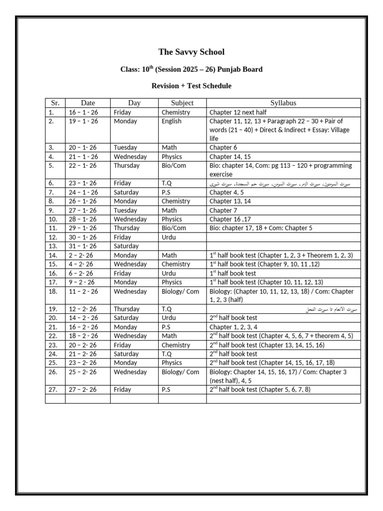 10th Grade Revision & Test Schedule 2025 | PDF | Chess Theory | Chess