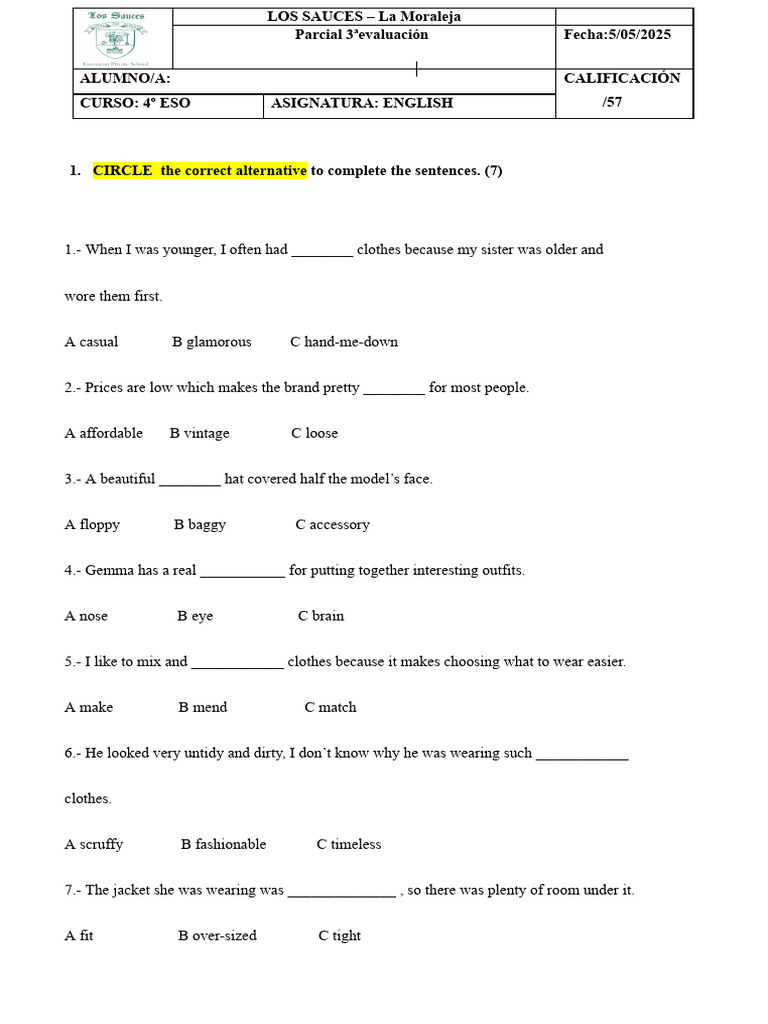 4 Eso Parcial 3 Ev - Adaptado.24-25 | PDF | Sleep