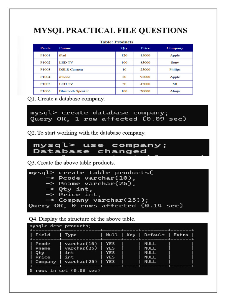 MySQL Practical File Questions Guide | PDF | Sql | Software Design