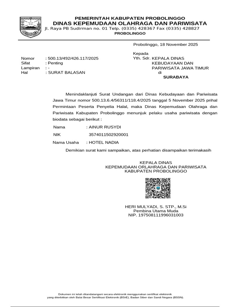 Surat Balasan Dinas Pariwisata Probolinggo | PDF