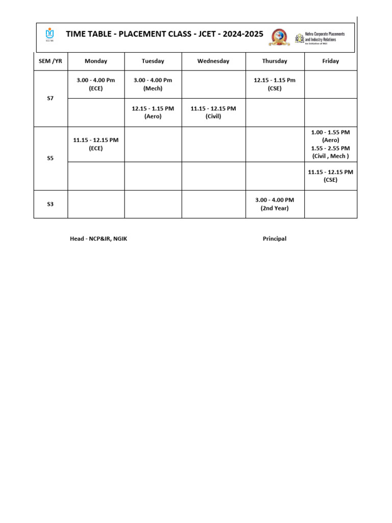 JCET 2024-2025 Placement Timetable | PDF