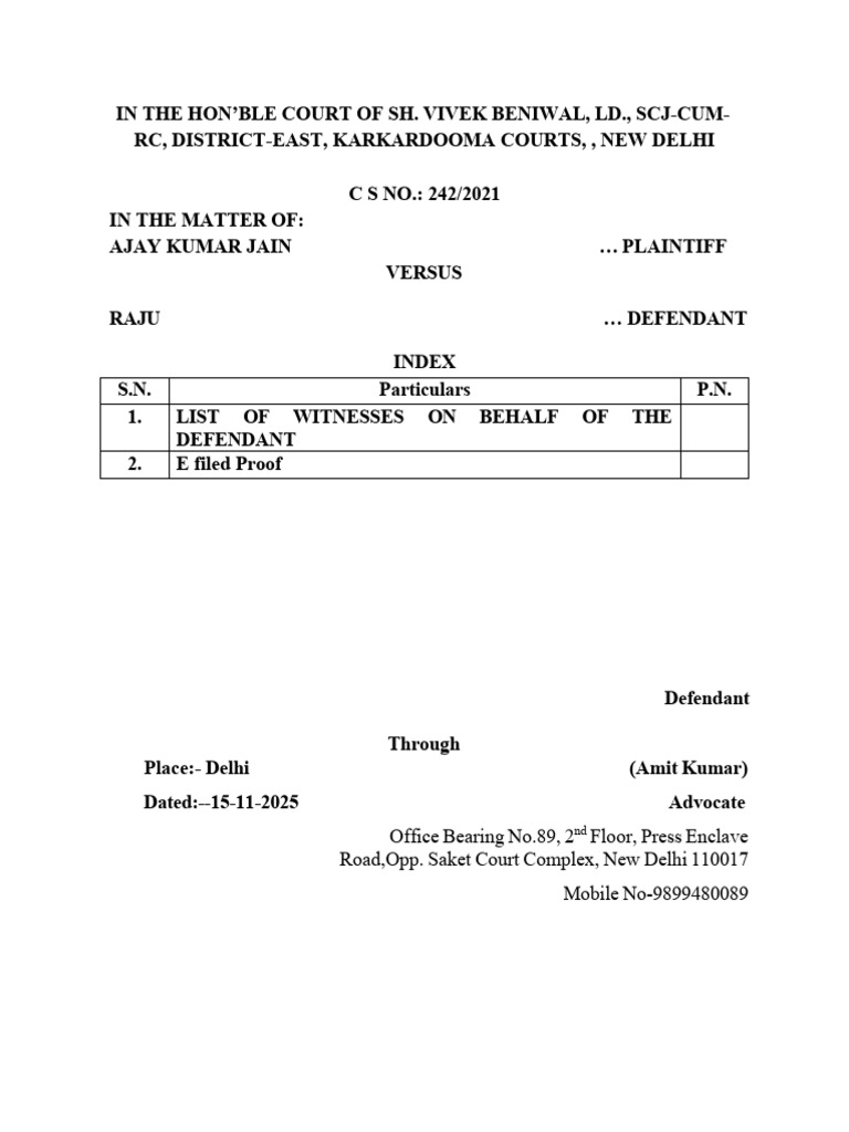 Witness List for Defendant Raju in CS 242/2021 | PDF