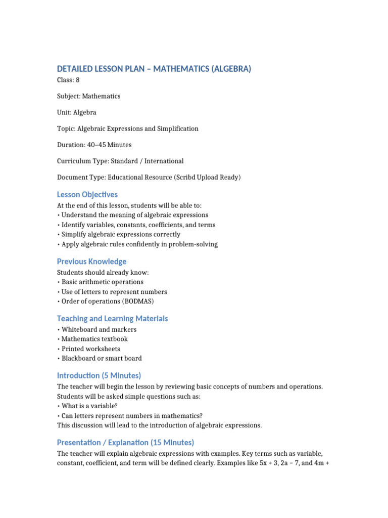 Algebraic Expressions Lesson Plan | PDF