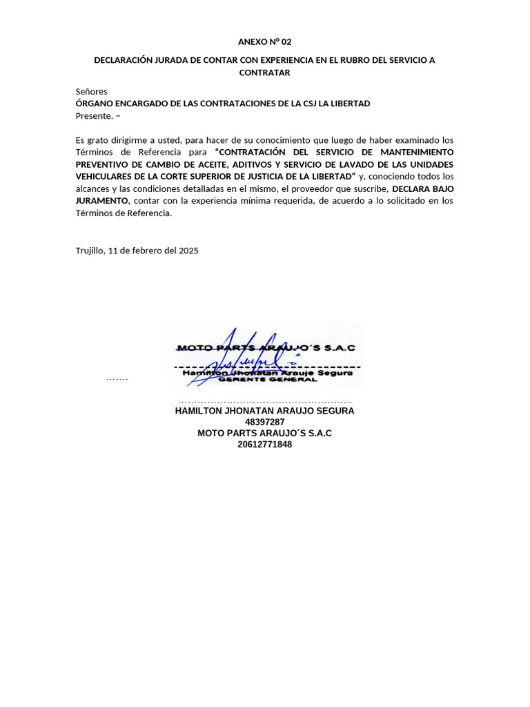Declaración Jurada de Experiencia en Servicios | PDF