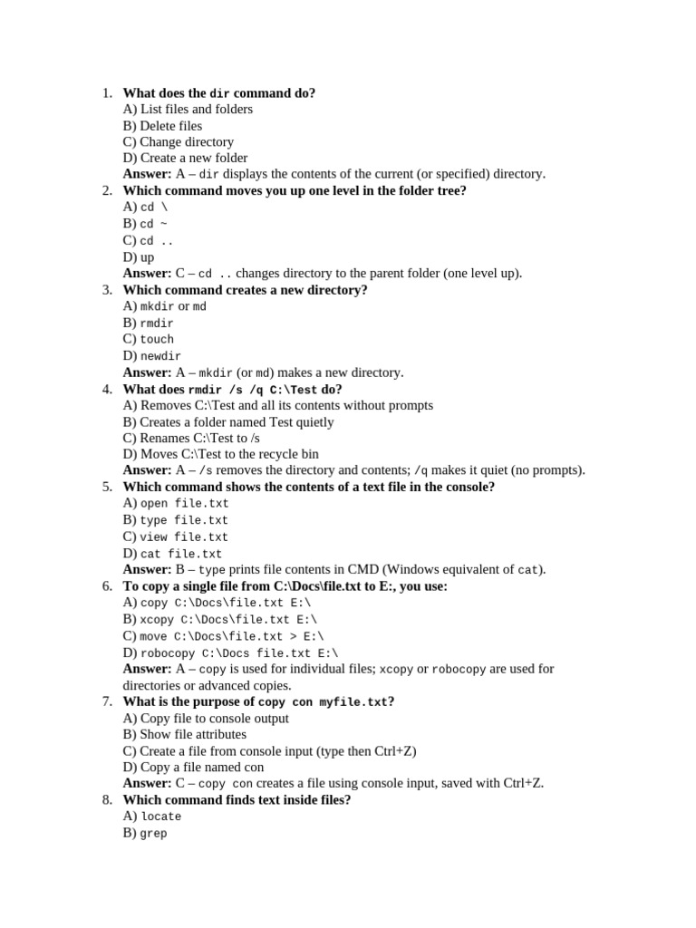 Essential CMD Commands Quiz Guide | PDF | Computer File | Directory ...