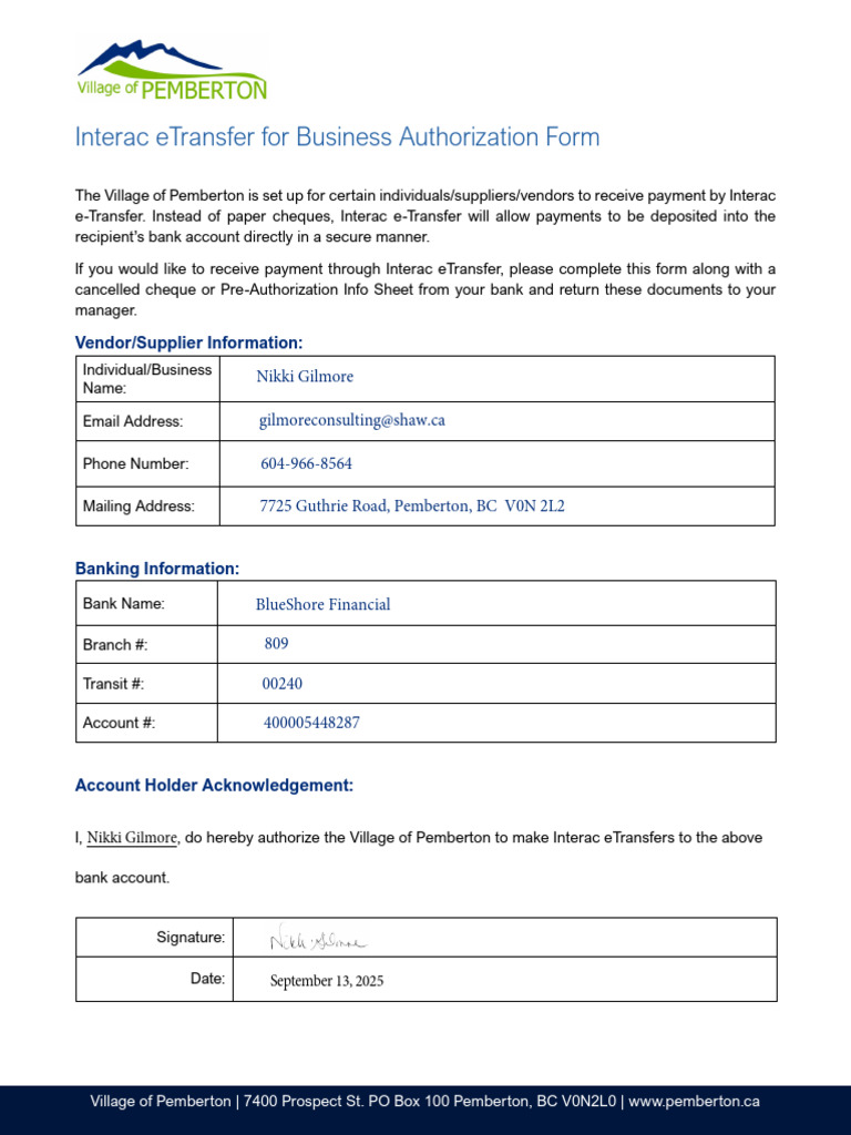Interac eTransfer Authorization Form | PDF