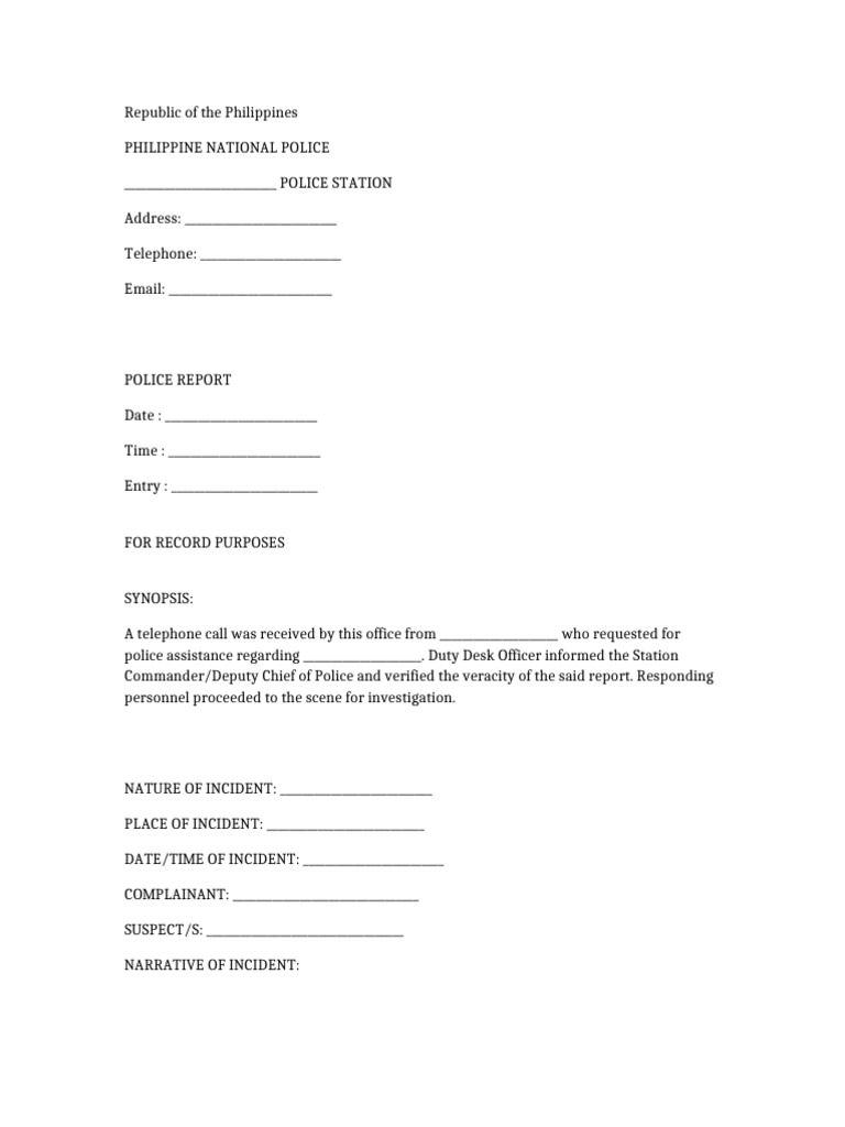 Police Report Template for Incidents | PDF