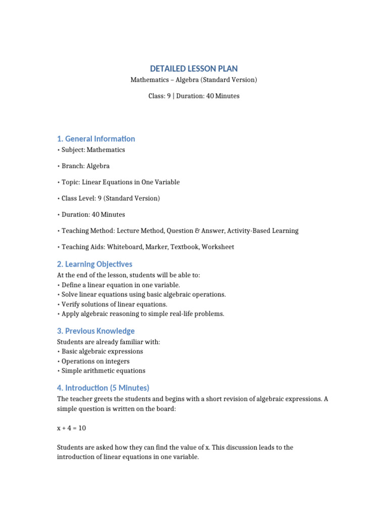 Class 9 Algebra Lesson Plan Scribd Quality | PDF