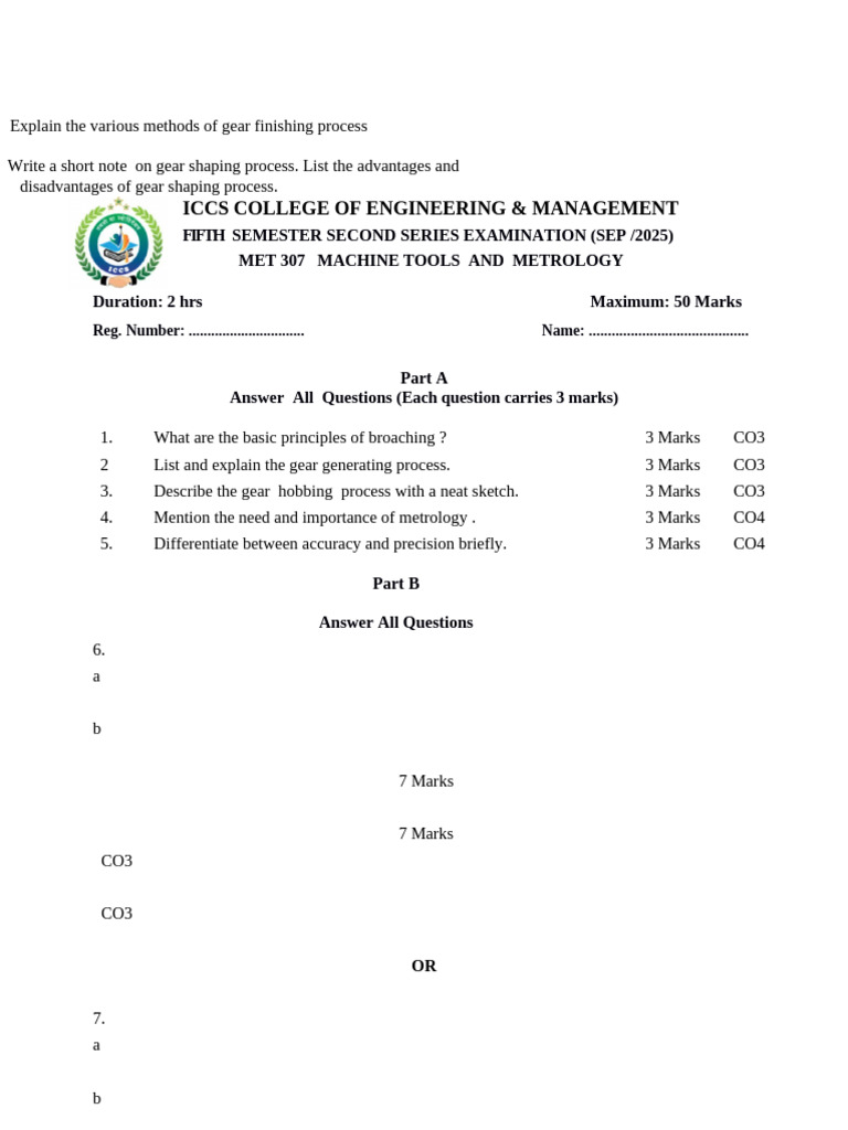MET307 Machine Tools & Metrology Exam Guide | PDF | Gear