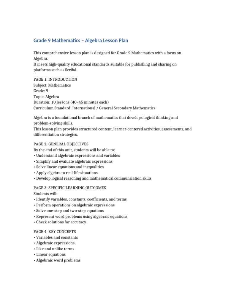 Grade 9 Algebra Lesson Plan | PDF