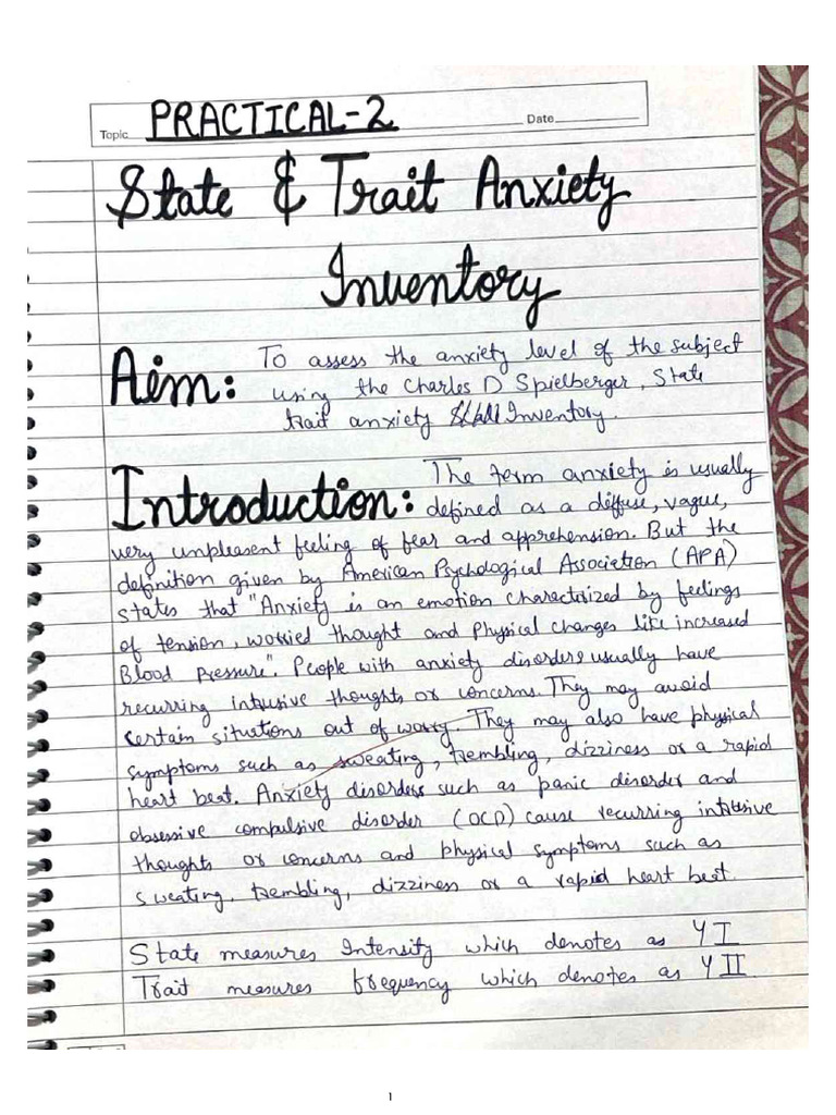 State and Anxiety Inventory | PDF