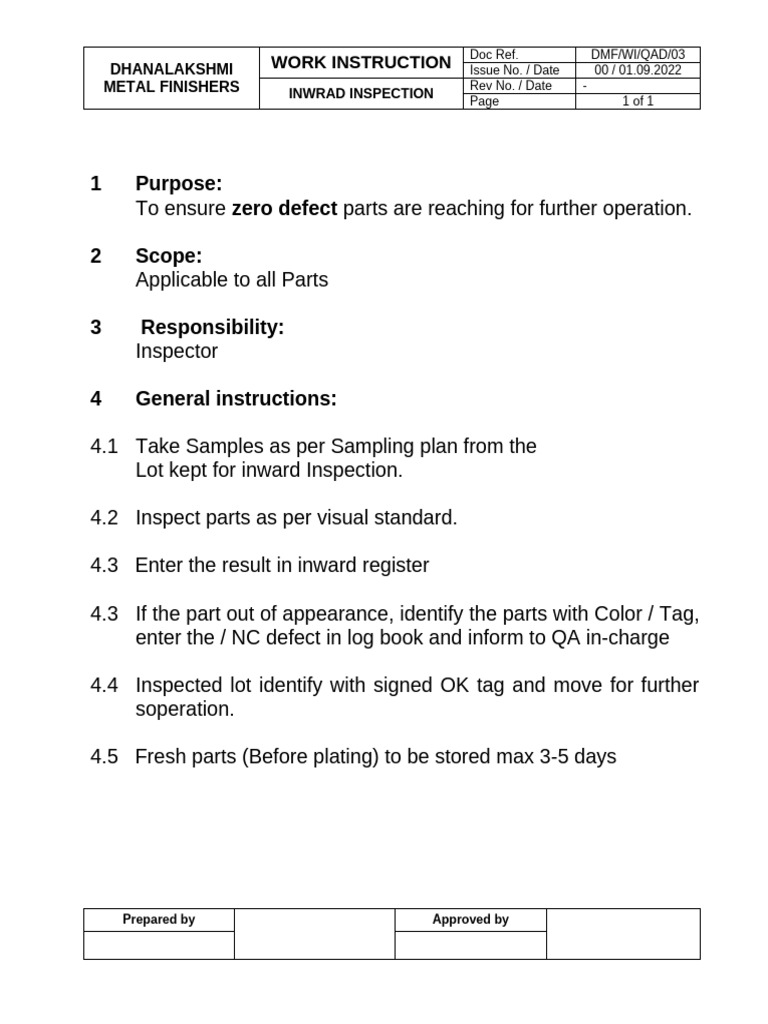 Inward Inspection Work Instruction | PDF