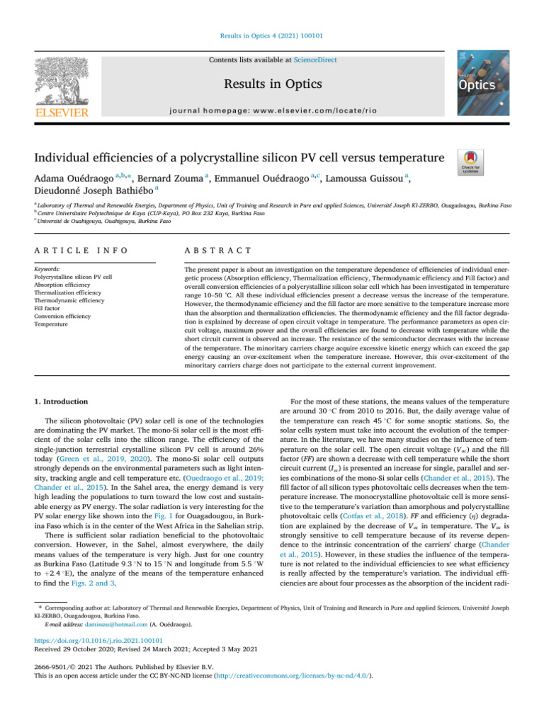 Polycrystalline Silicon PV Cell Efficiency vs. Temperature | PDF ...
