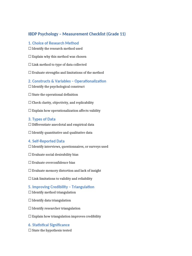 IBDP Psychology Measurement Checklist | PDF