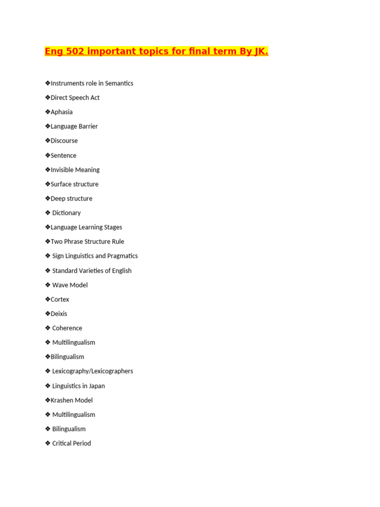 Eng502 Final Term Imp Topics by JK? | PDF