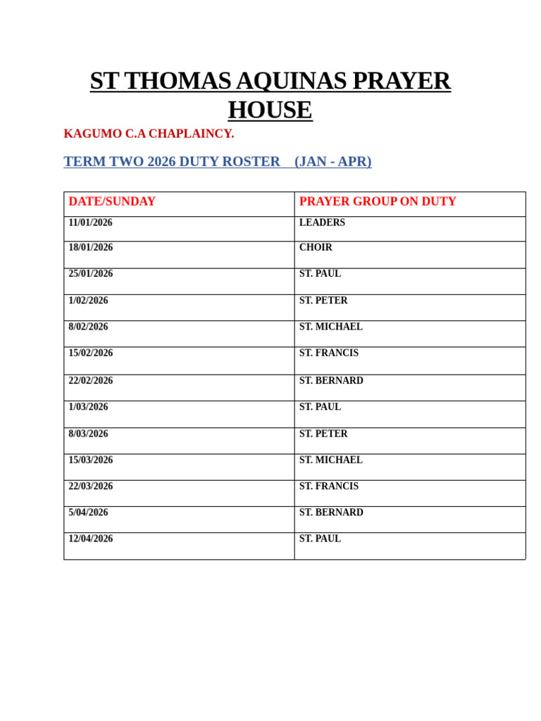ST Thomas Aquinas Prayer House: Term Two 2026 Duty Roster (Jan - Apr) | PDF