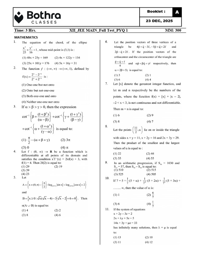 JEE Main Full Test PYQ December 2025 | PDF