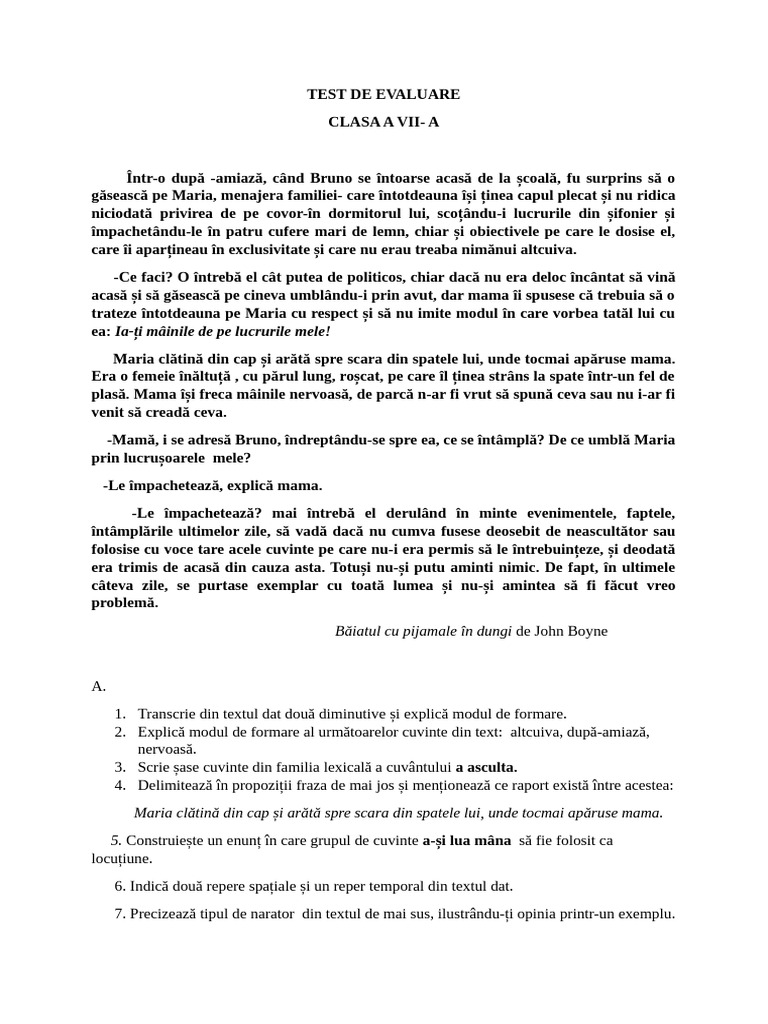 Test de Evaluare Clasa A 7 A Modulul I | PDF