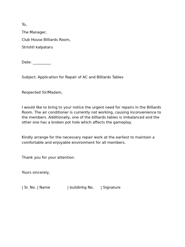 Request for AC and Billiards Repairs | PDF