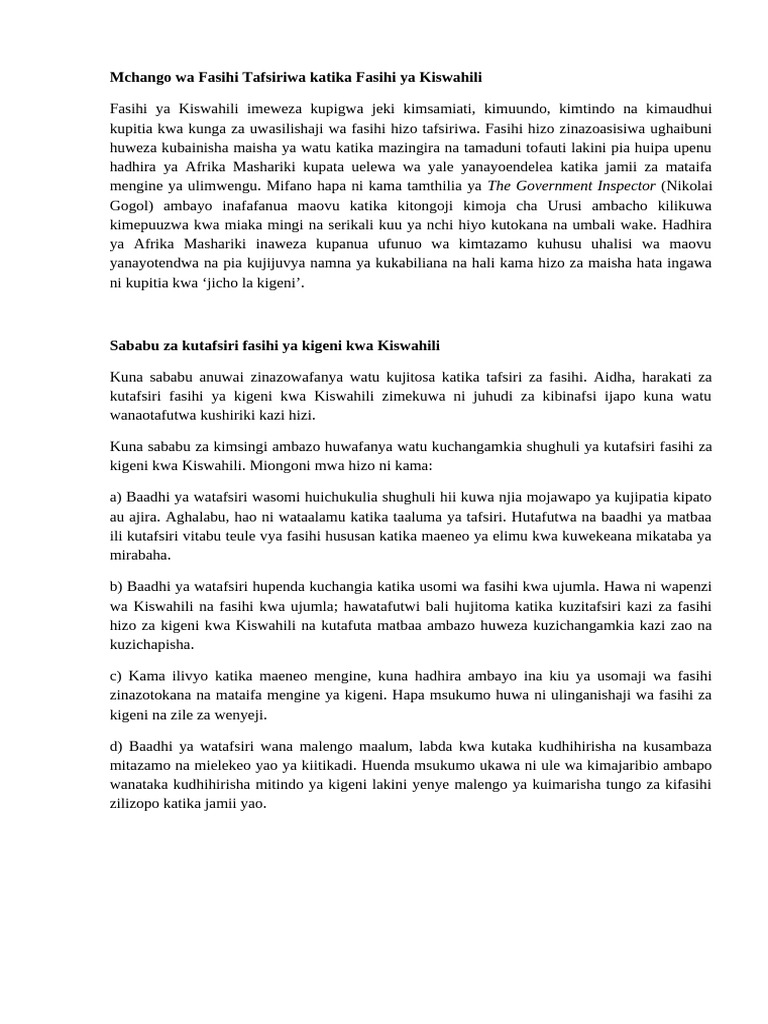 Mchango Wa Fasihi Tafsiriwa Katika Fasihi Ya Kiswahili | PDF