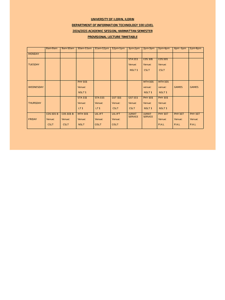 University of Ilorin 100 Level Timetable | PDF