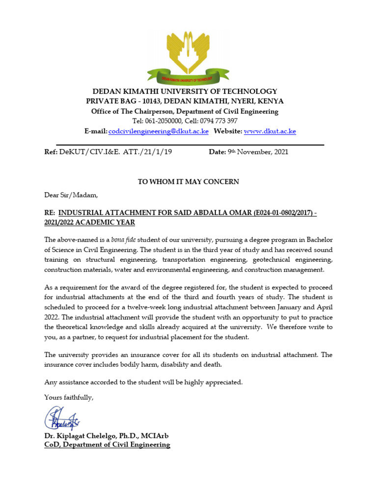 Industrial Attachment Request for Civil Engineering Students | PDF ...