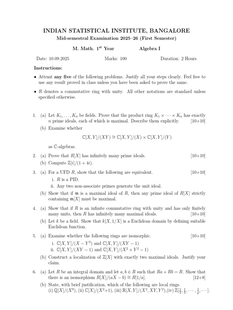 M. Math Algebra I Exam 2025-26 | PDF