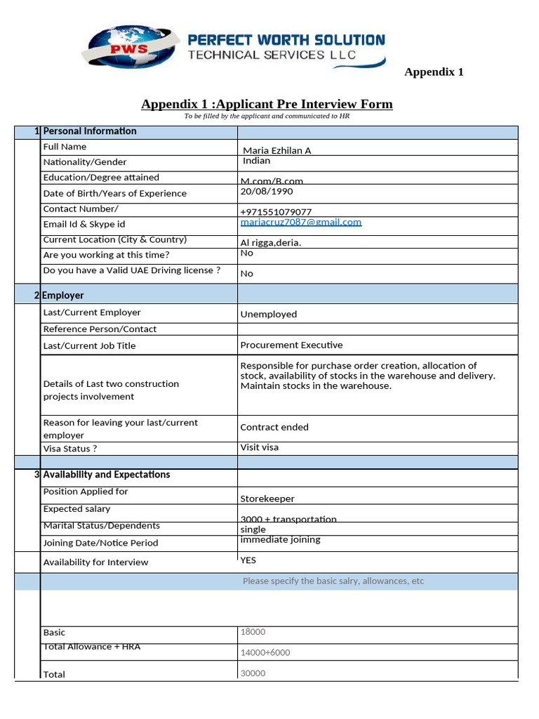 Applicant Pre-Interview Form | PDF | Business