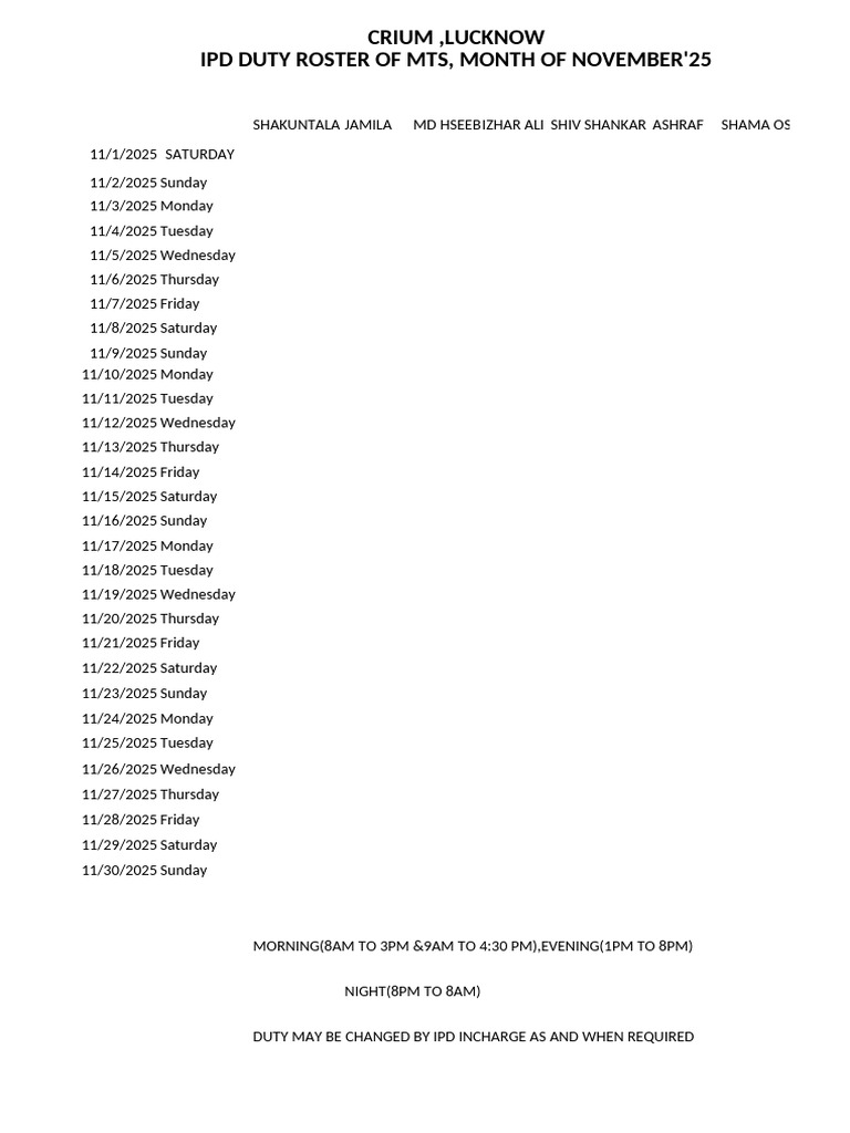 November 2025 MTS Duty Roster CRIUM | PDF