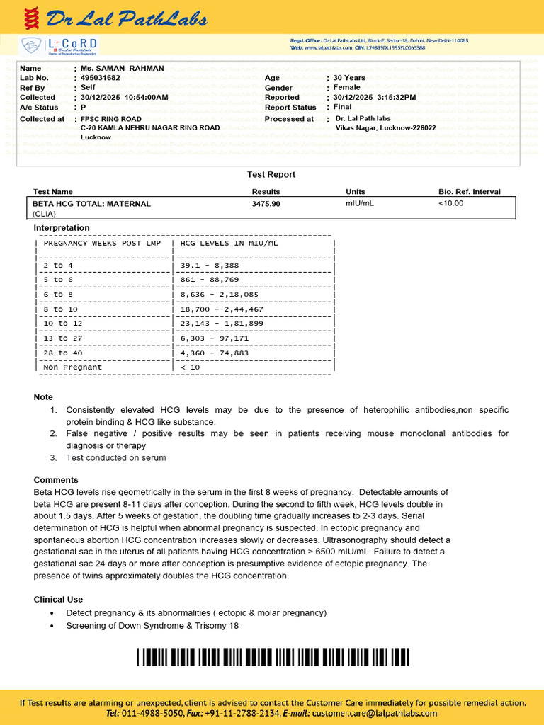 Beta HCG Test Report for Pregnancy | PDF | Human Chorionic Gonadotropin ...