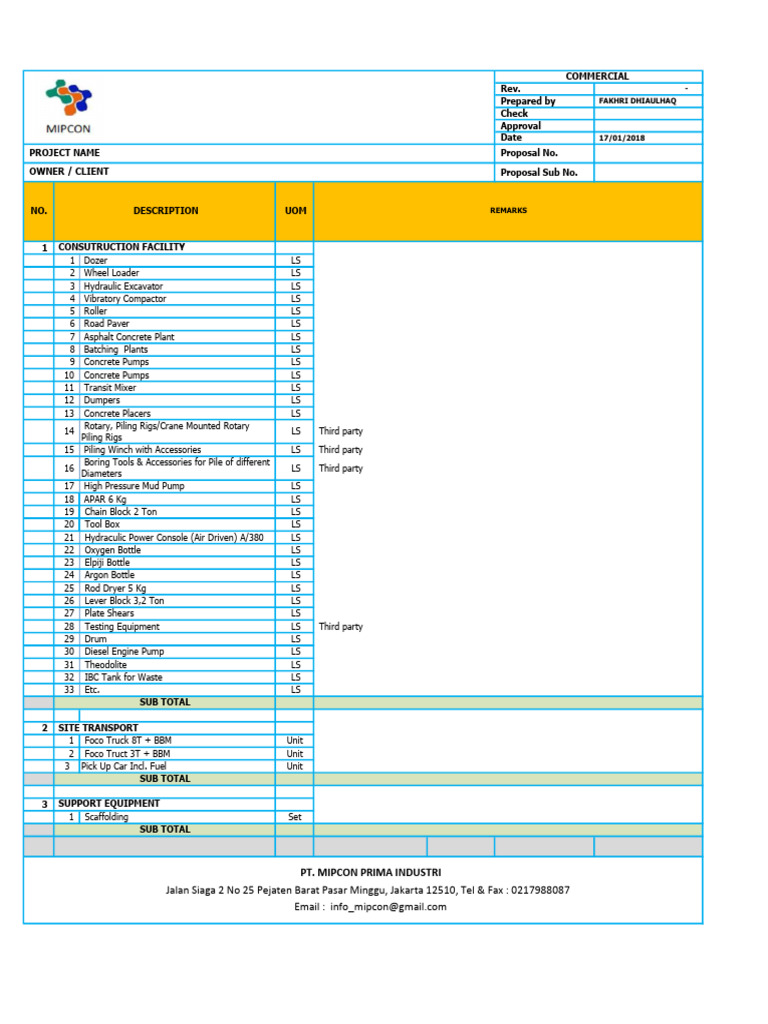Construction Equipment Proposal List | PDF | Construction Equipment