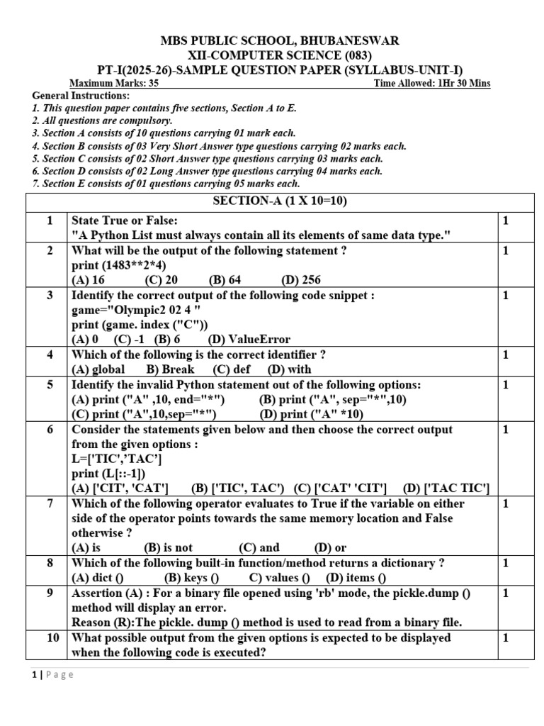 XII Computer Science Sample Paper 2025-26 | PDF | String (Computer ...