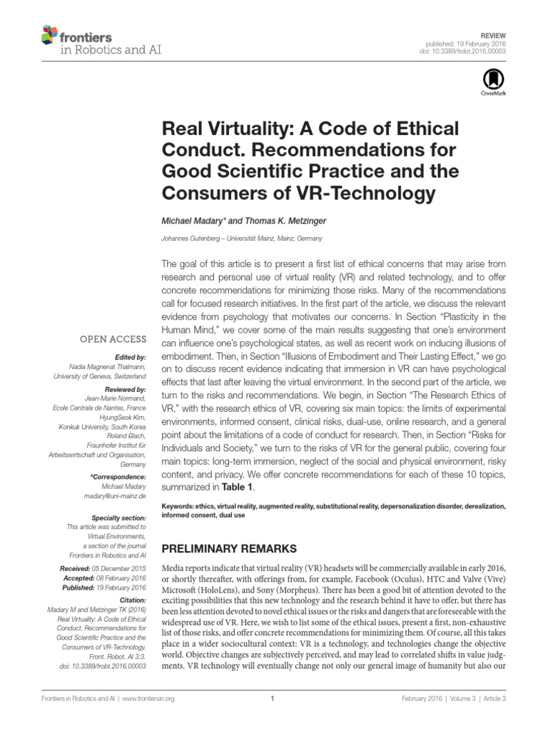 Frobt 03 00003 | PDF | Virtual Reality | Embodied Cognition