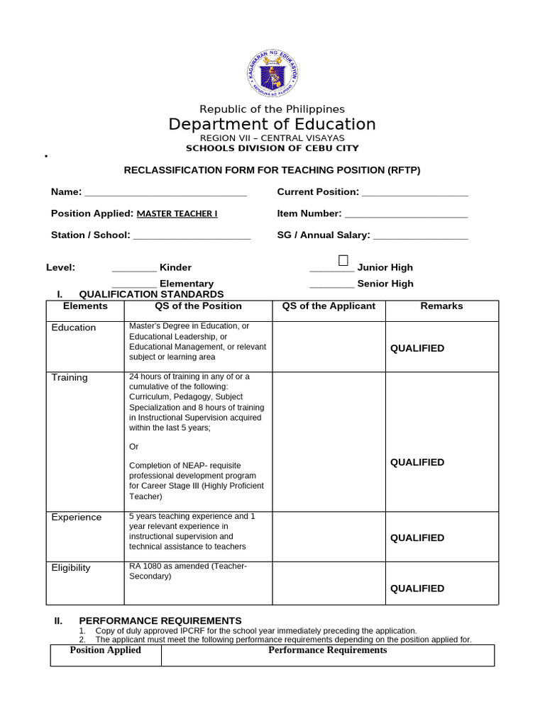 Master Teacher I Reclassification Form | PDF | Learning | Educational ...