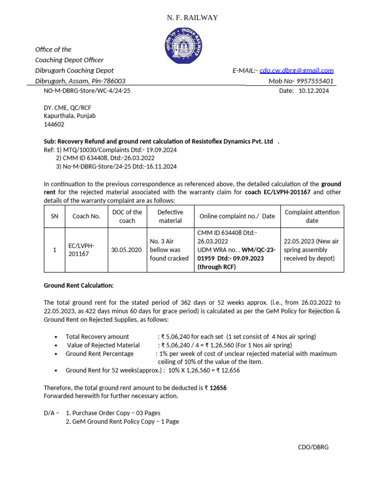 Ground Rent Calculation for Rejected Materials | PDF