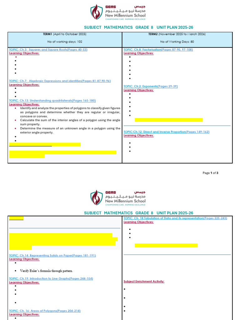 Grade 8 Mathematics Unit Plan 2025-26 | PDF | Factorization ...