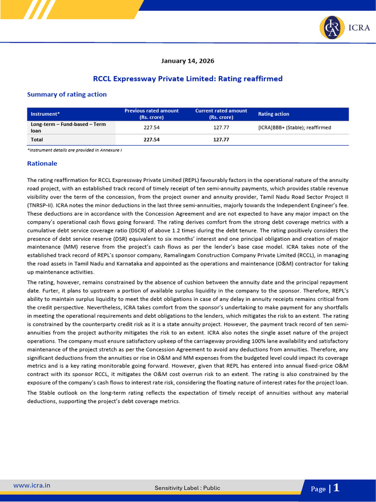 RCCL Expressway Rating Reaffirmed: ICRA Analysis | PDF | Debt | Credit