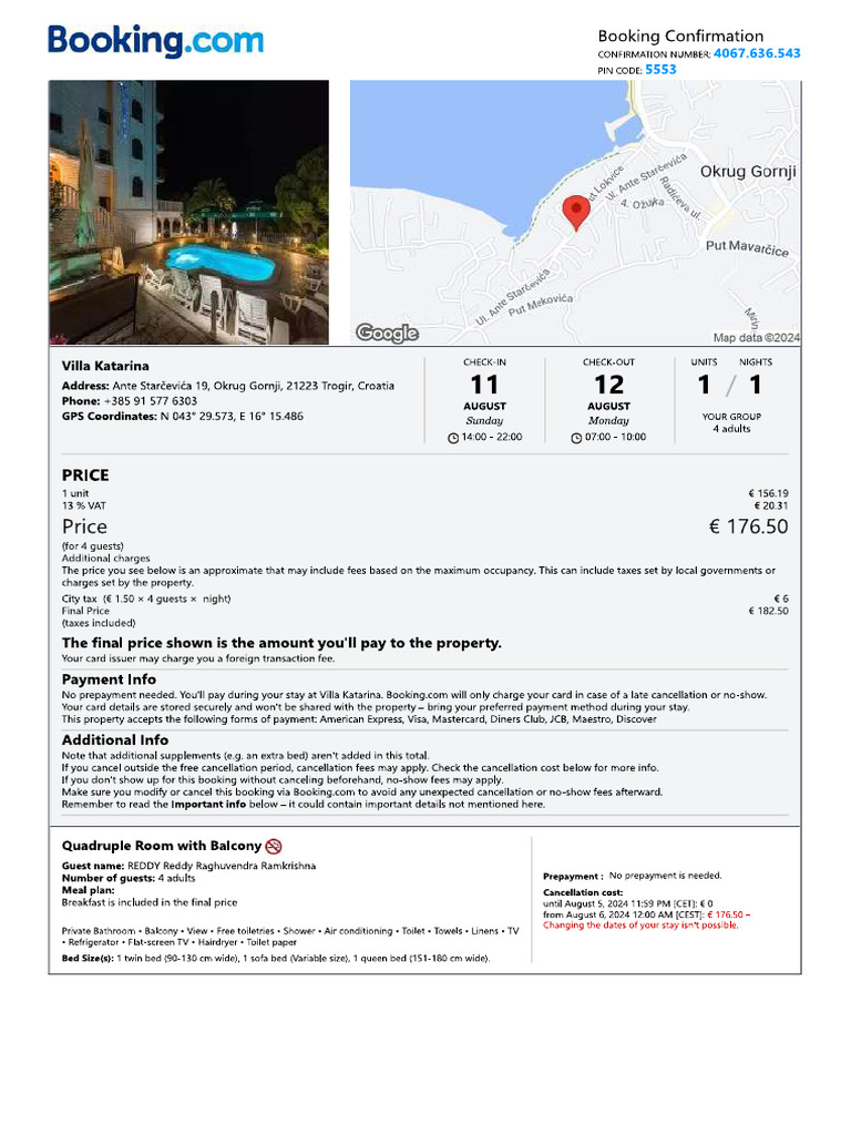 DAY 4 Booking Trogir (Split) Croatia | PDF