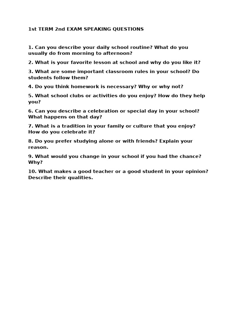 1st Term Exam Speaking Questions | PDF