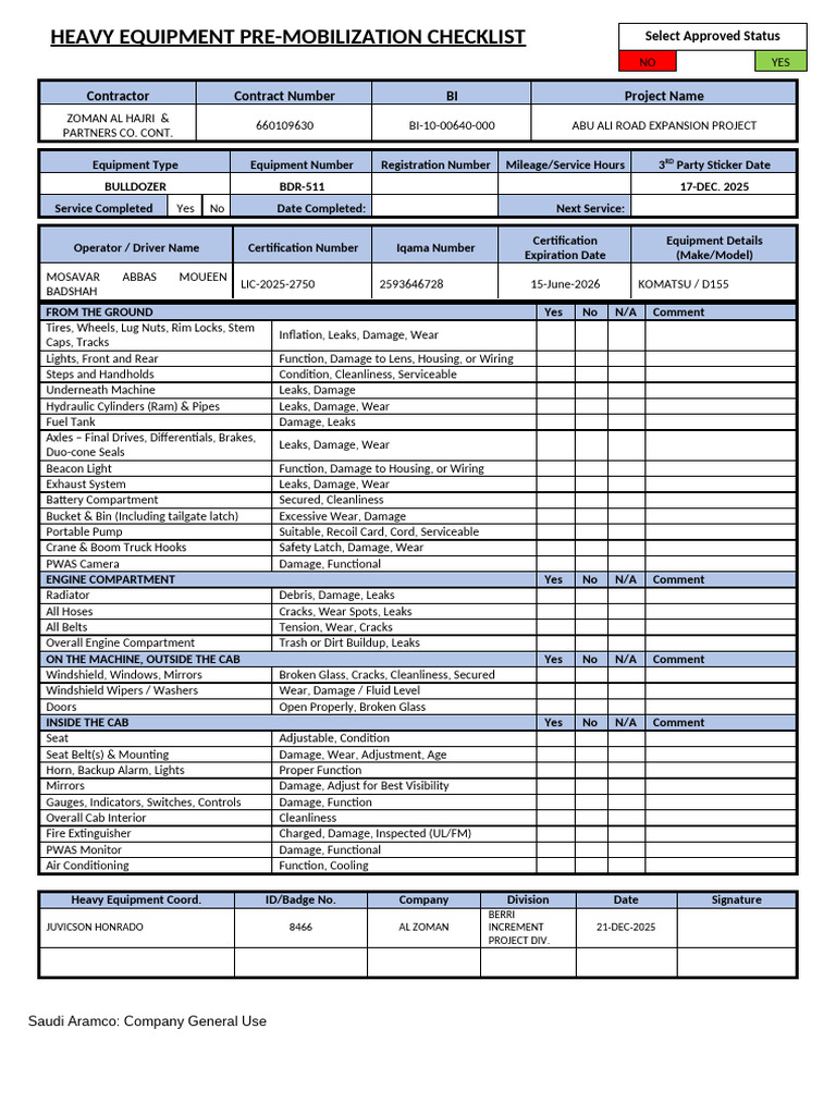 Heavy Equipment Pre-Mobilization Checklist | PDF | Crane (Machine ...