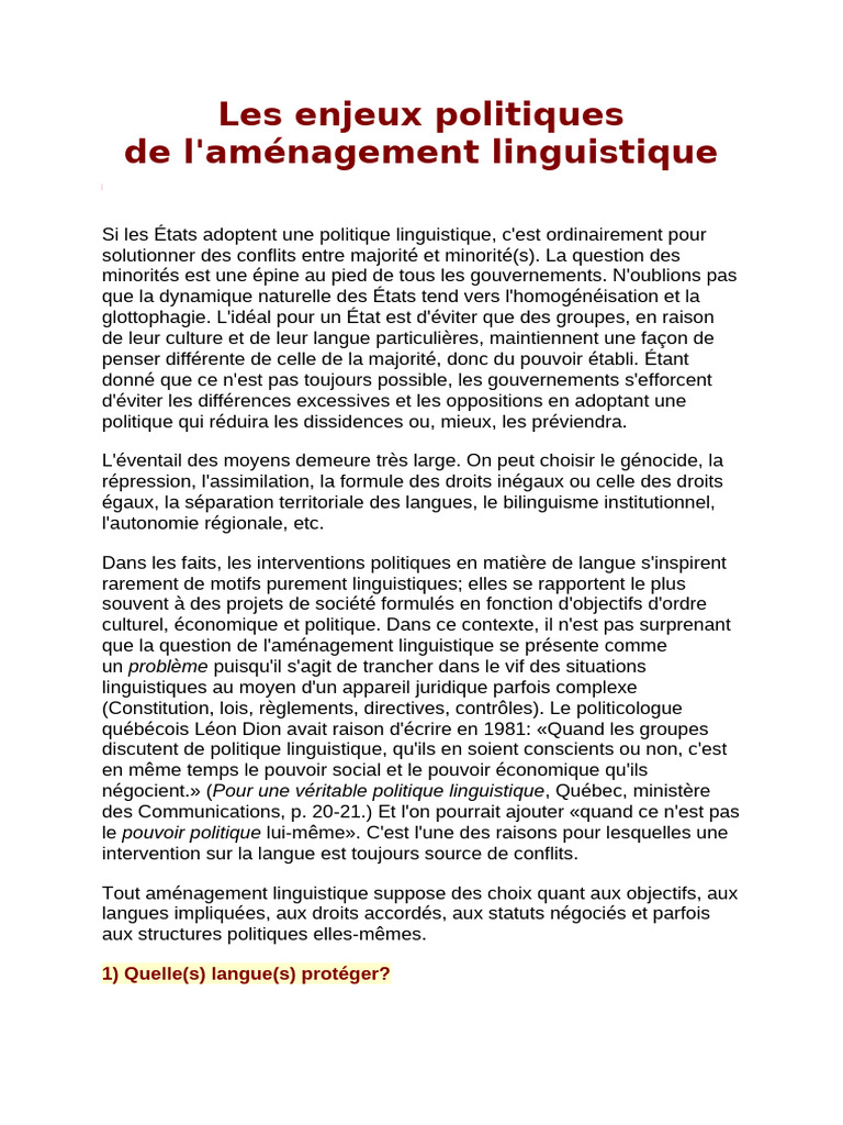 Enjeux politiques de l'aménagement linguistique | PDF | Loi | Droits de ...