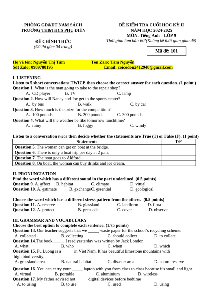 English Exam for 9th Grade Students | PDF | Tourism