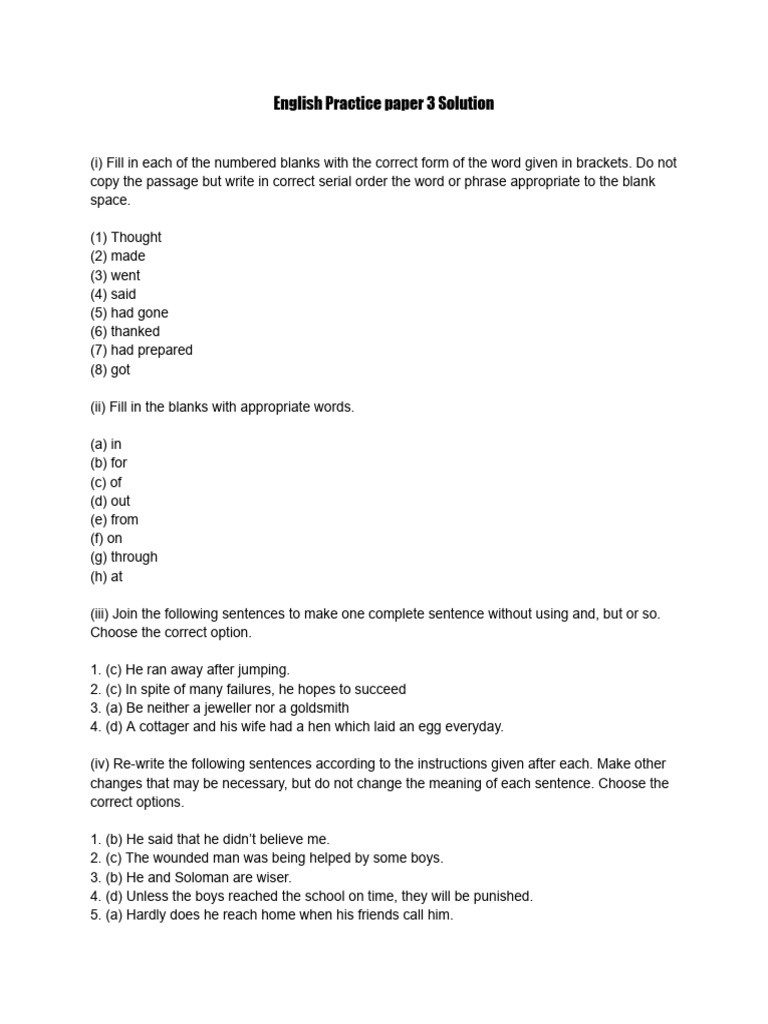English Practice Paper 3 Solutions | PDF