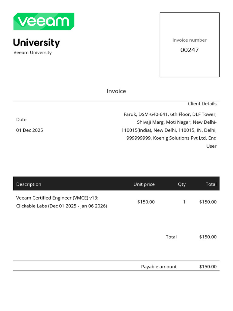 Veeam University Invoice #00247 | PDF