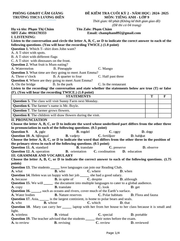 English Test for 9th Grade Students | PDF