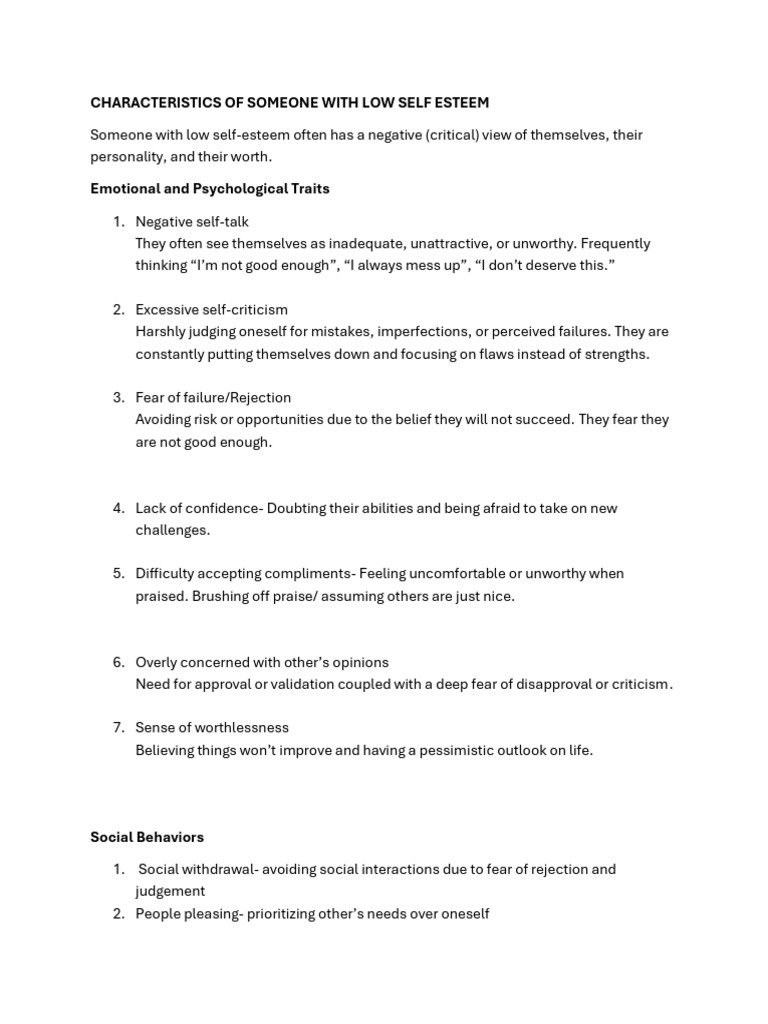Signs of Low Self-Esteem Traits | PDF
