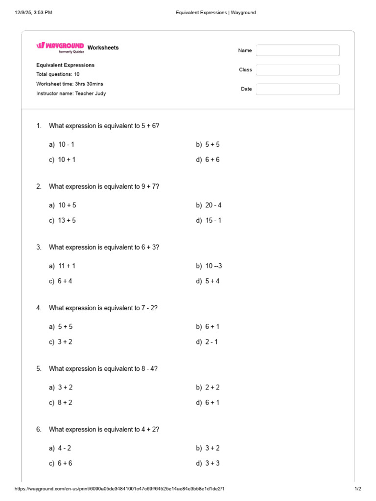 Equivalent Expressions Worksheet | PDF | Chess Theory | Chess