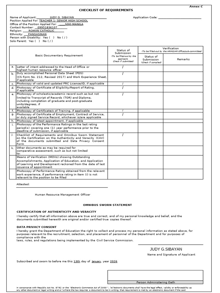 Teacher 1 Application Requirements Checklist | PDF | Authentication