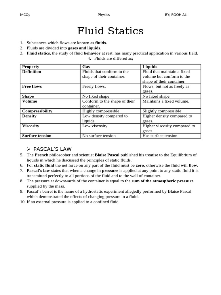 Fluid Statics Overview and Principles | PDF | Pressure | Fluid