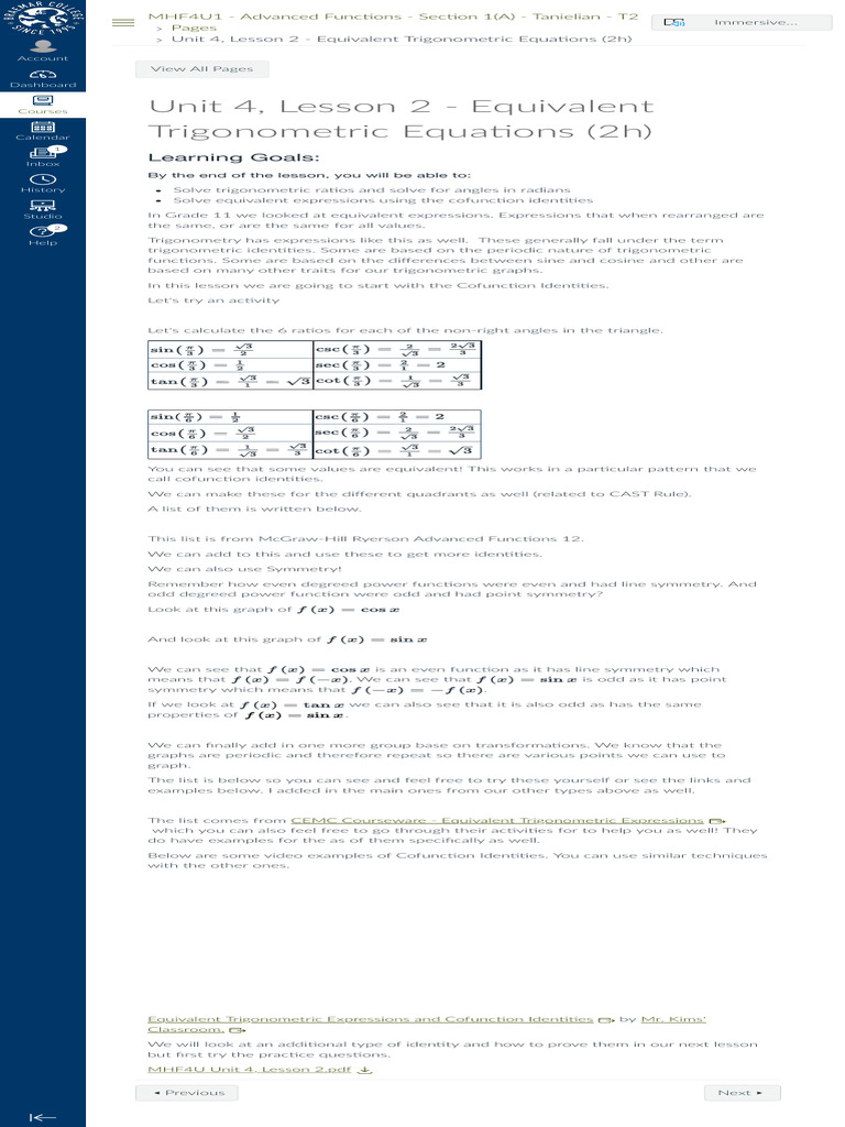 Unit 4, Lesson 2 - Equivalent Trigonometric Equations (2h) MHF4U1 ...